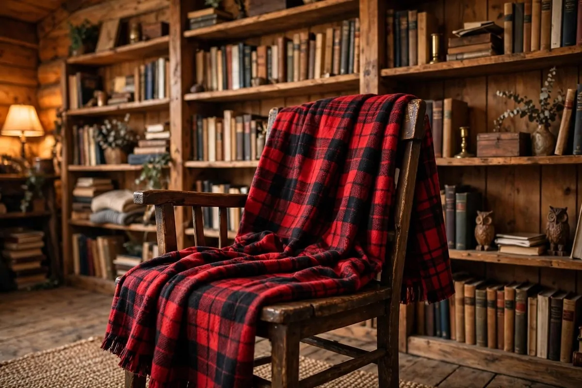 17 Rustic Home Library Inspiration Looks With Warm Wood Tones 10 Red and black plaid flannel throws draped over a wooden chair in a warm wood library