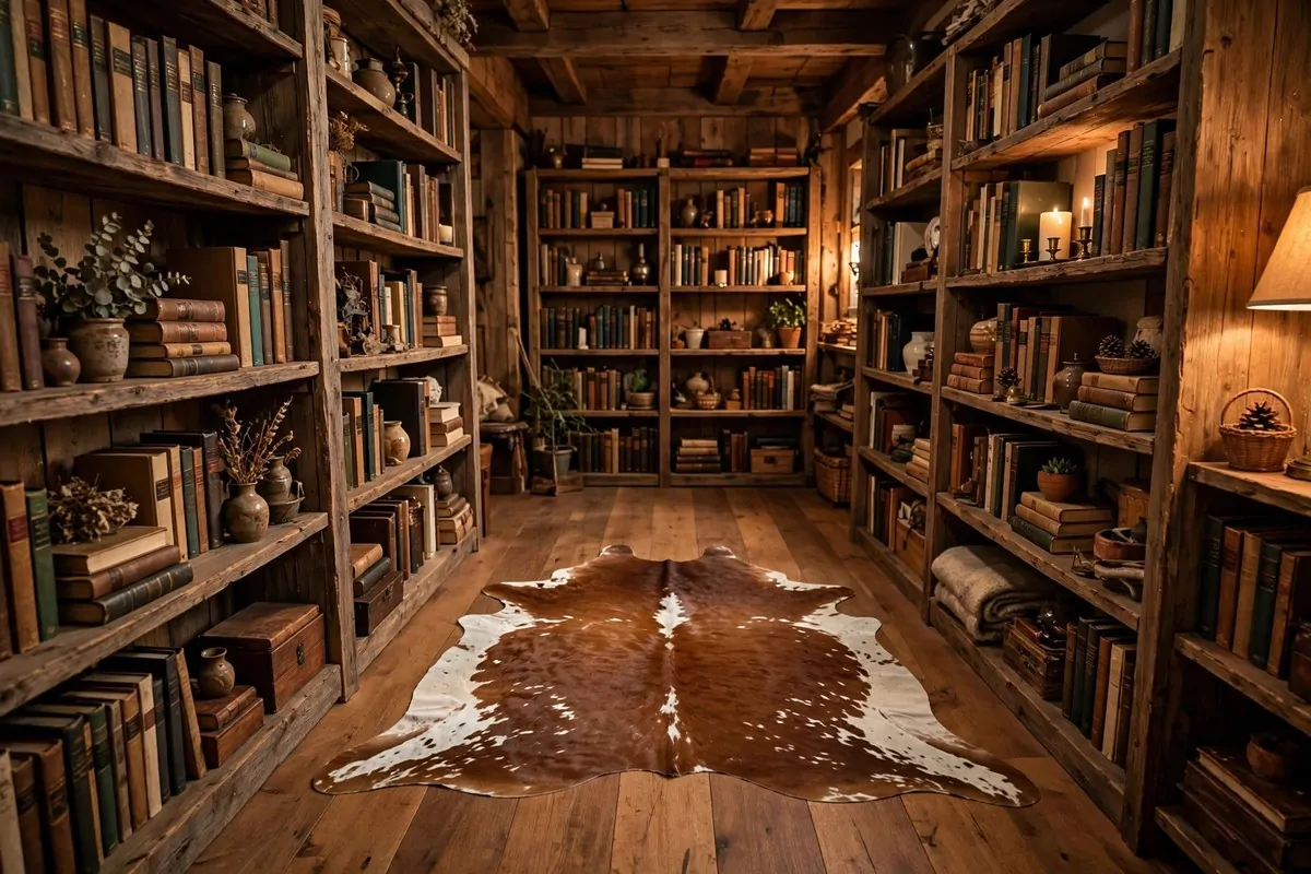 17 Rustic Home Library Inspiration Looks With Warm Wood Tones 11 Cowhide rug on a warm wood floor between bookshelves in a rustic library