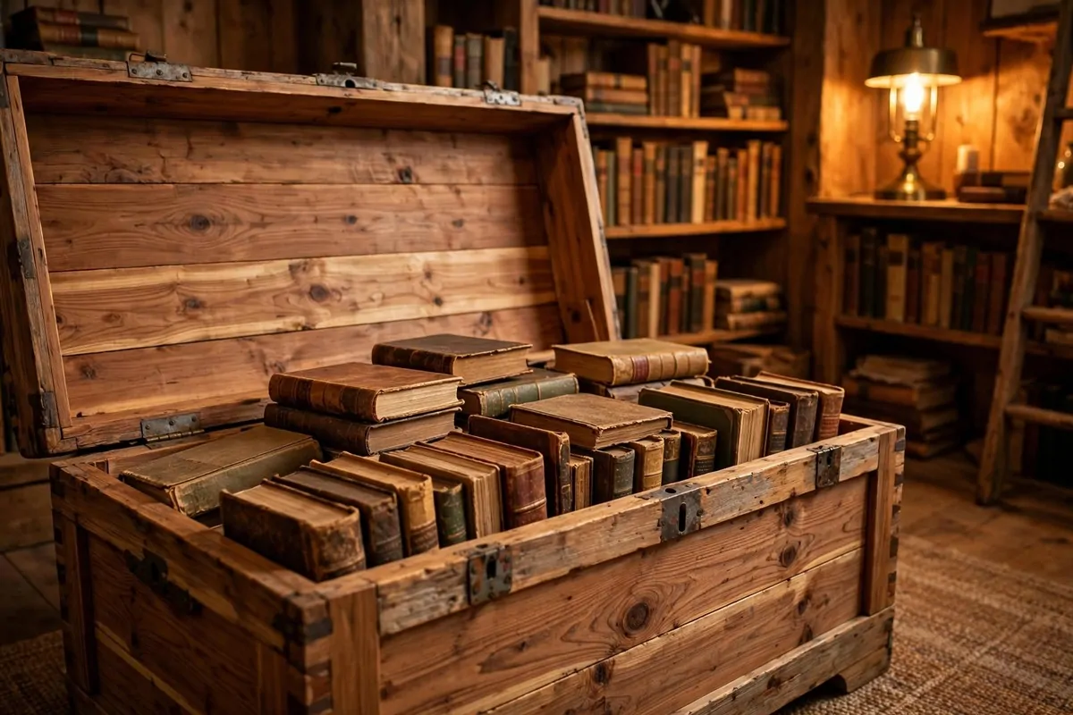 17 Rustic Home Library Inspiration Looks With Warm Wood Tones 12 Open cedar chest filled with books in a warm wood library room