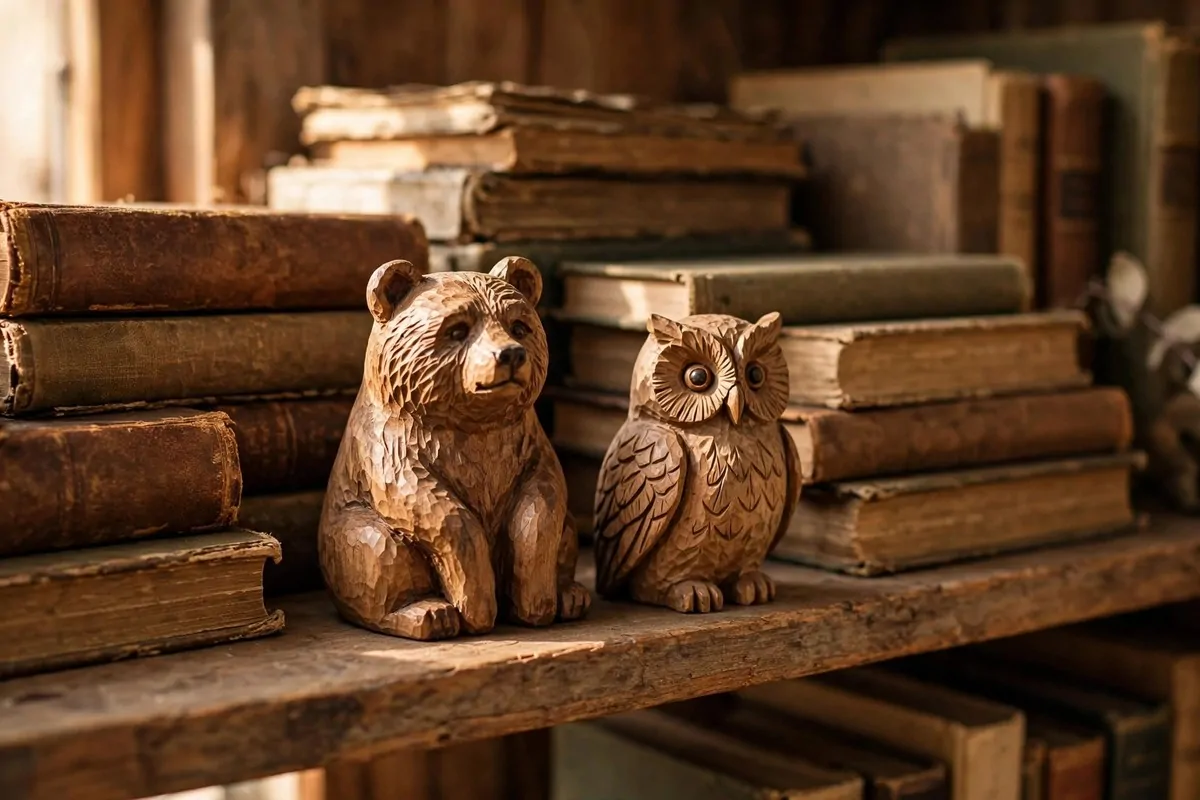 17 Rustic Home Library Inspiration Looks With Warm Wood Tones 13 Hand-carved wooden animal figures on a shelf among books in warm wood tones