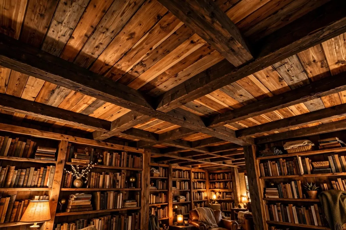 17 Rustic Home Library Inspiration Looks With Warm Wood Tones 14 Cedar plank ceiling with wooden beams over a rustic home library