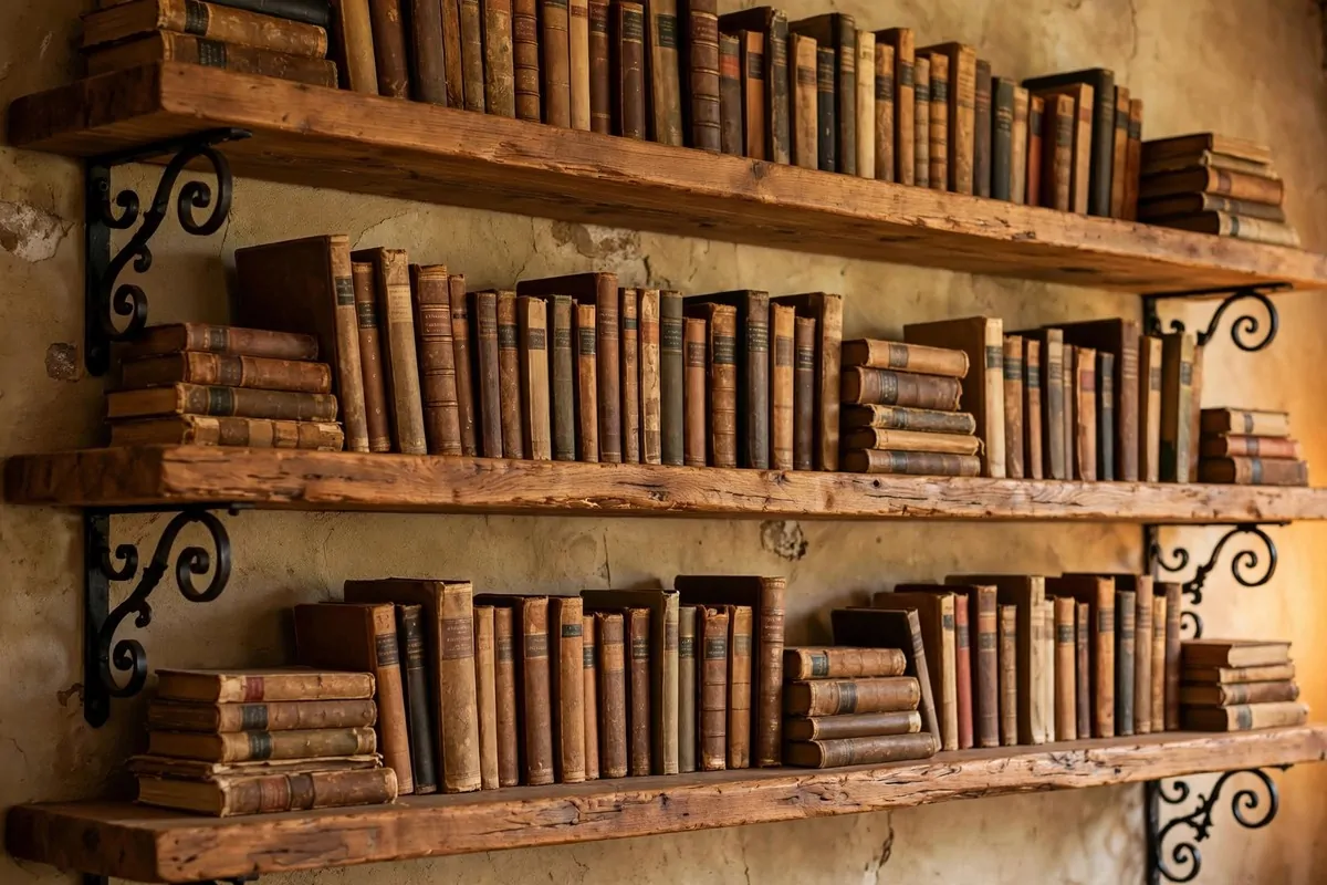 17 Rustic Home Library Inspiration Looks With Warm Wood Tones 15 Warm wood shelves held by black wrought-iron brackets with books in a rustic library