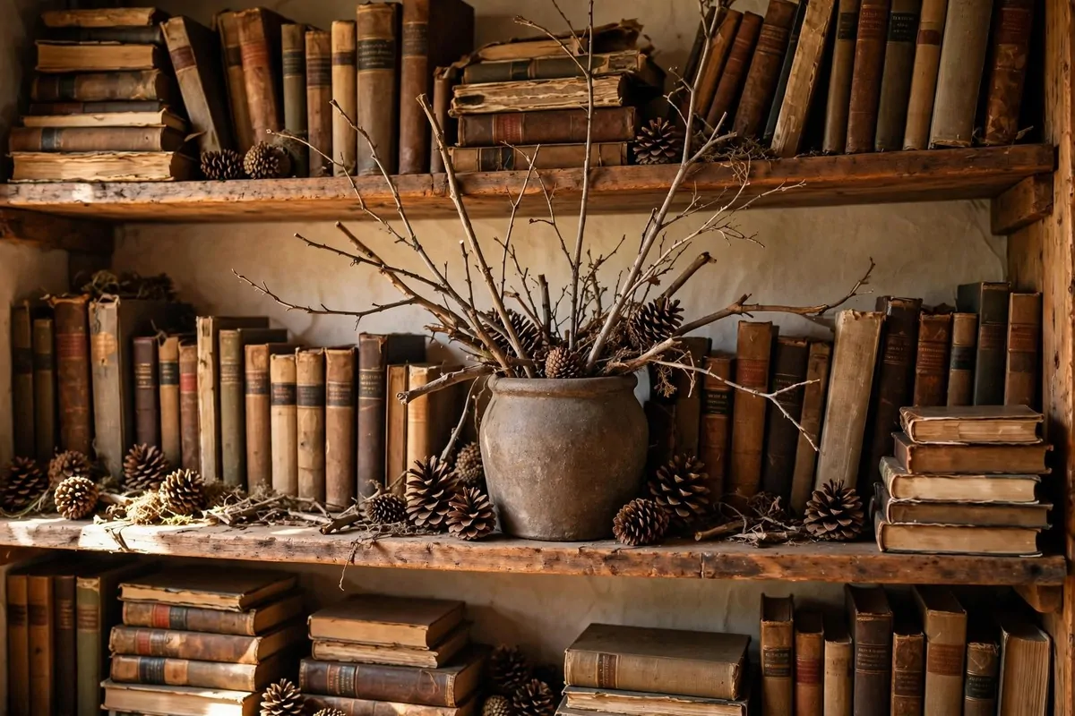 17 Rustic Home Library Inspiration Looks With Warm Wood Tones 16 Shelf styled with pinecones, dried branches and twigs among books in warm wood tones