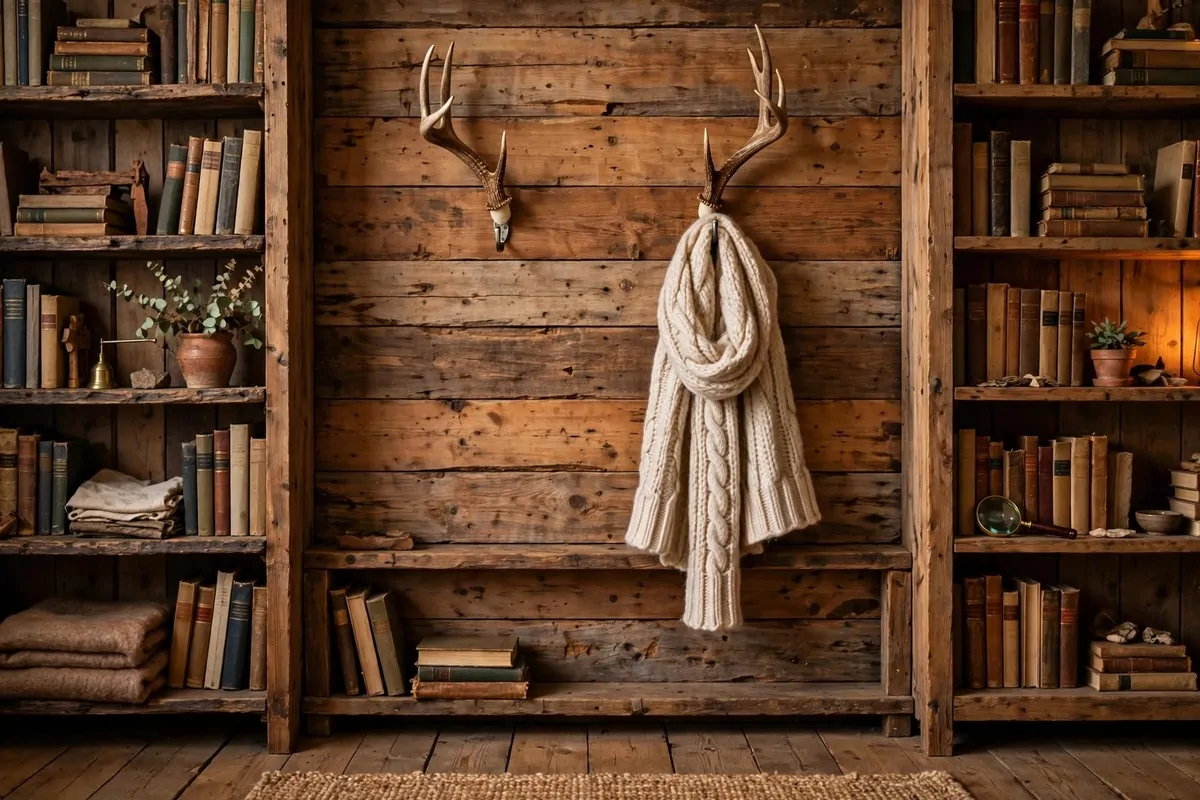 17 Rustic Home Library Inspiration Looks With Warm Wood Tones 17 Deer antler hooks mounted on a warm wood wall between bookshelves in a rustic library