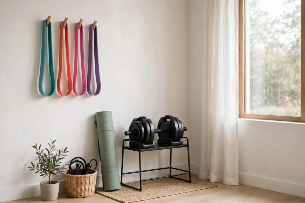 Small home gym setup with only the essentials in a tidy corner