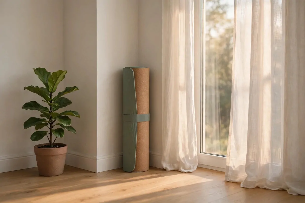 17 Simple Home Gym Setups With Only the Essentials 1 Small room corner with an adjustable dumbbell pair on a low rack beside a rolled exercise mat
