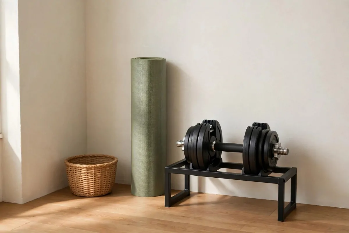 17 Simple Home Gym Setups With Only the Essentials 2 Neutral wall with colourful resistance bands hanging neatly on wooden hooks