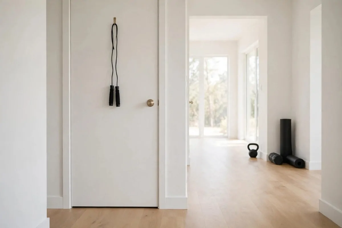 17 Simple Home Gym Setups With Only the Essentials 7 Foldable workout bench standing in a small tidy spare room with a mat beneath