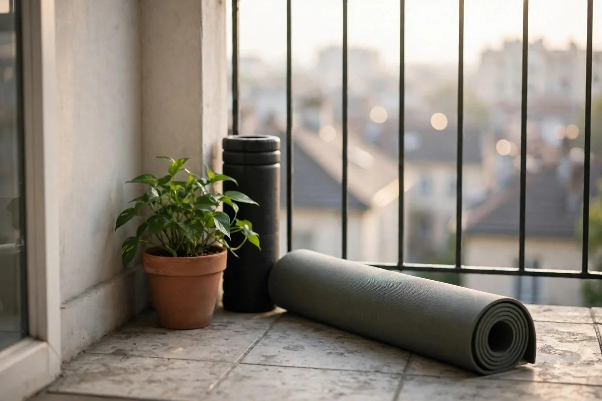 17 Simple Home Gym Setups With Only the Essentials 8 Interlocking rubber floor mats laid in a garage corner with a pair of dumbbells