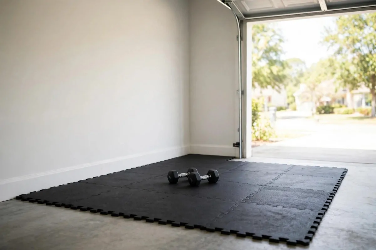 17 Simple Home Gym Setups With Only the Essentials 10 Under-stairs alcove with neatly arranged dumbbells, resistance bands and a folded mat