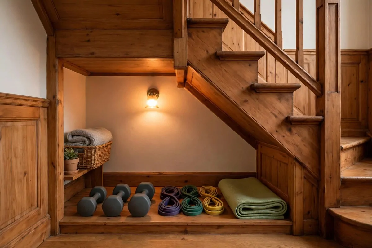 17 Simple Home Gym Setups With Only the Essentials 11 Compact folded treadmill standing upright against a bedroom wall
