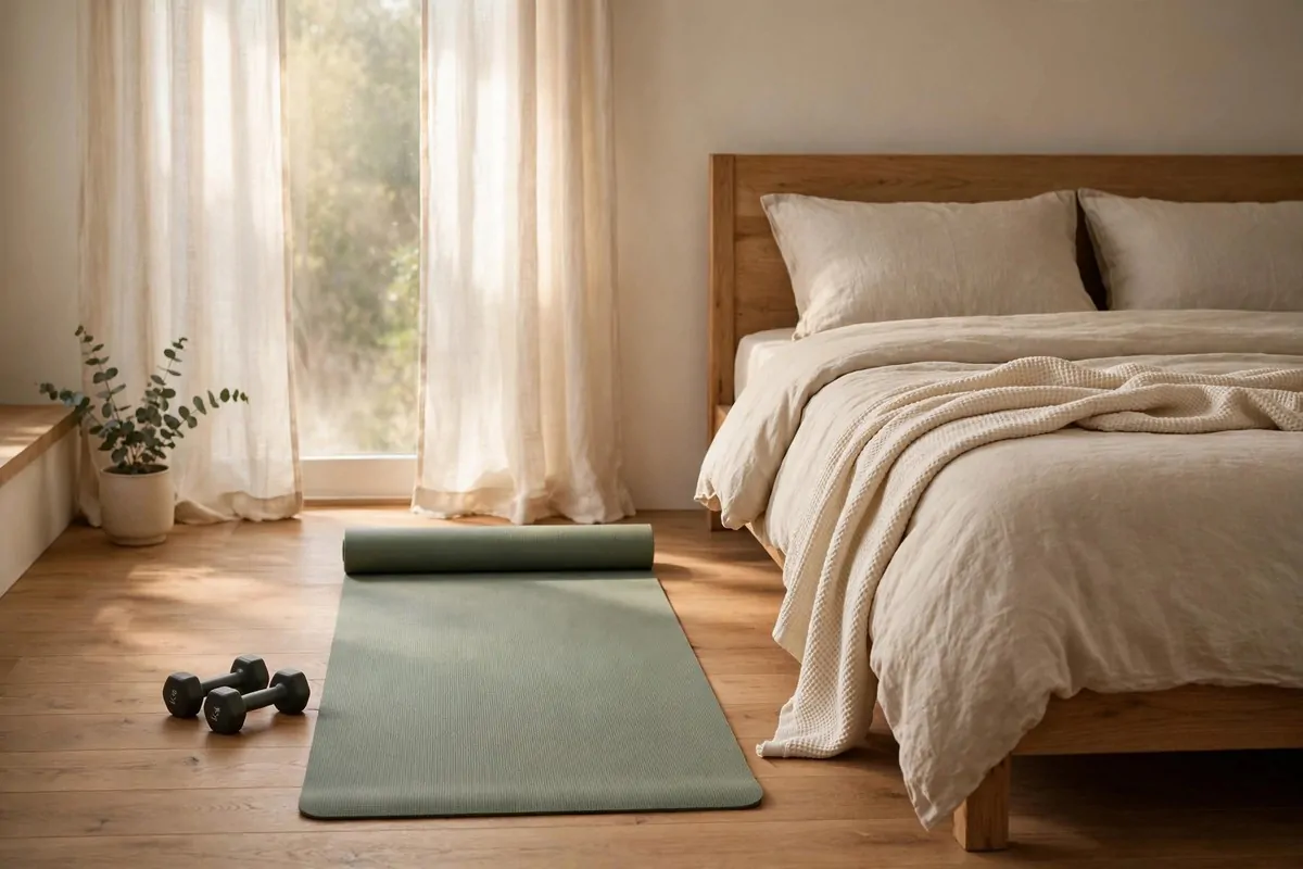 17 Simple Home Gym Setups With Only the Essentials 13 Quiet room corner with a foam roller and folded mat beside a small stool