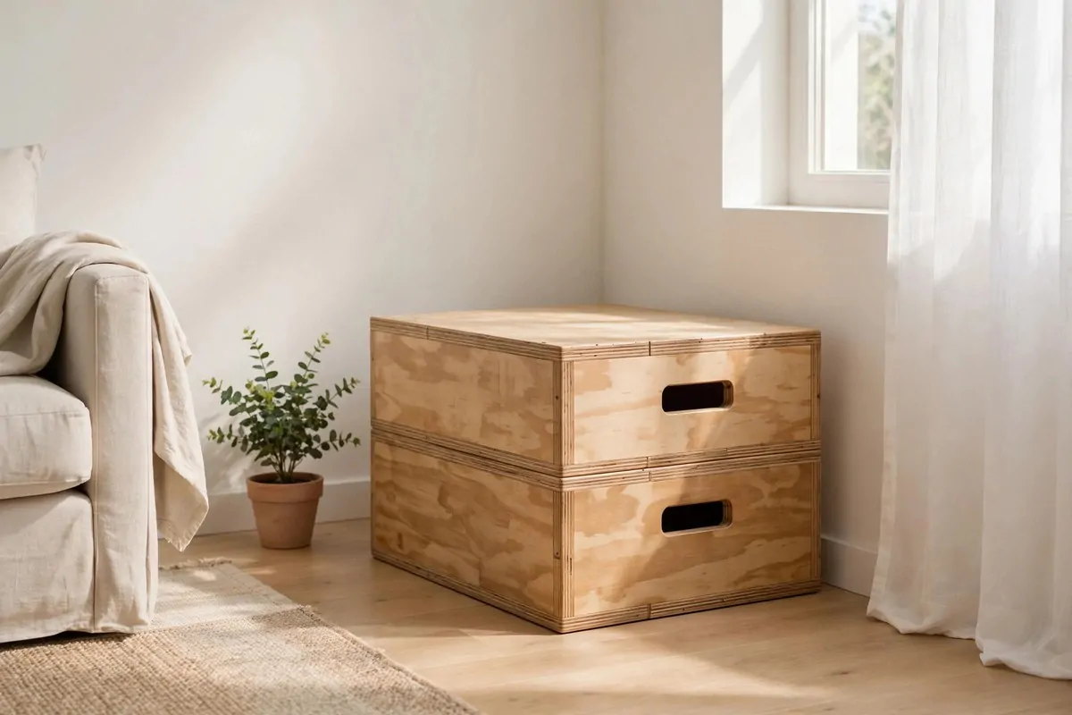 17 Simple Home Gym Setups With Only the Essentials 14 Wooden plyo box sitting in the corner of a bright minimal room