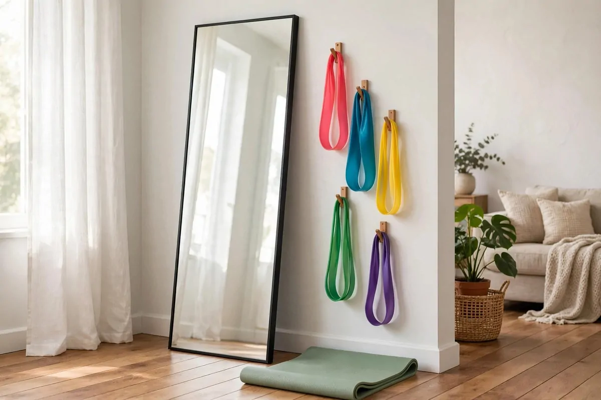 17 Simple Home Gym Setups With Only the Essentials 16 Full-length mirror leaning against a wall with resistance bands on hooks beside it and a mat on the floor
