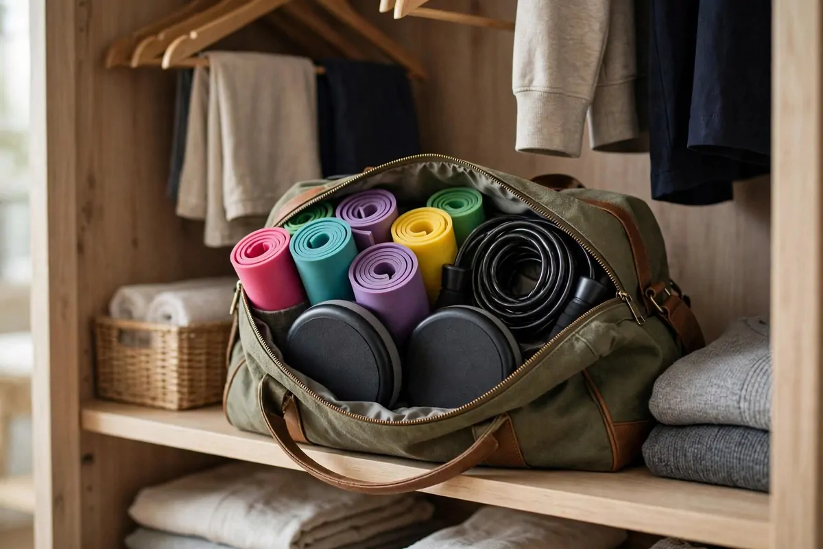 17 Simple Home Gym Setups With Only the Essentials 17 Open gym bag on a closet shelf holding rolled resistance bands, a jump rope and sliders