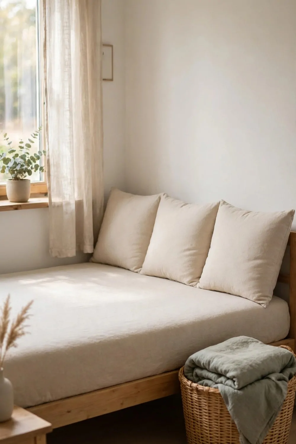 17 Small Home Office Guest Room Layouts That Work for Both 2 A daybed with plain cushions against the wall in a small bedroom, folded blanket in a basket beside it