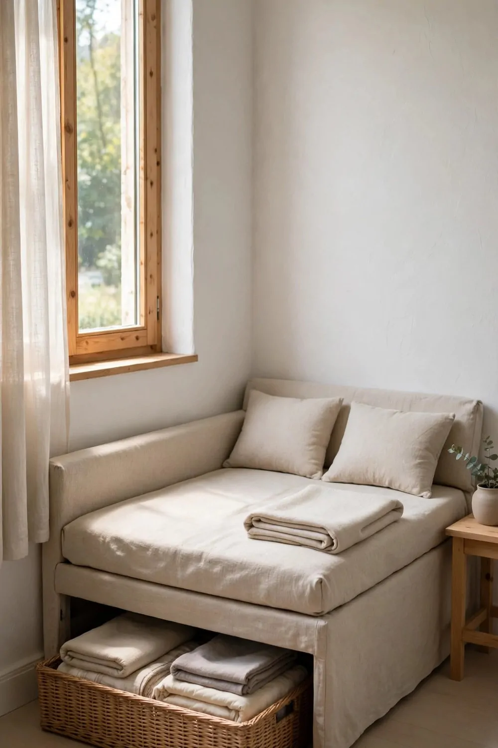 17 Small Home Office Guest Room Layouts That Work for Both 3 A small sofa bed in the corner of a small bedroom by a window, plain fabric