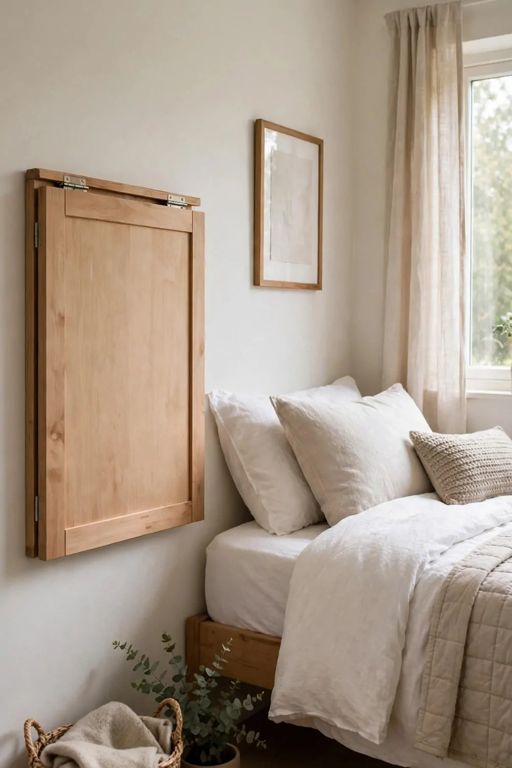 17 Small Home Office Guest Room Layouts That Work for Both 4 A folding desk folded flat against a bedroom wall, made bed beside it