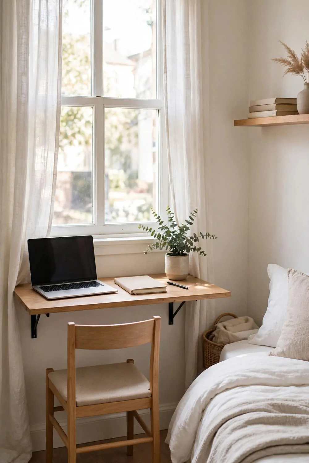 17 Small Home Office Guest Room Layouts That Work for Both 5 A narrow wall desk under a bedroom window with a laptop and notebook, plain chair