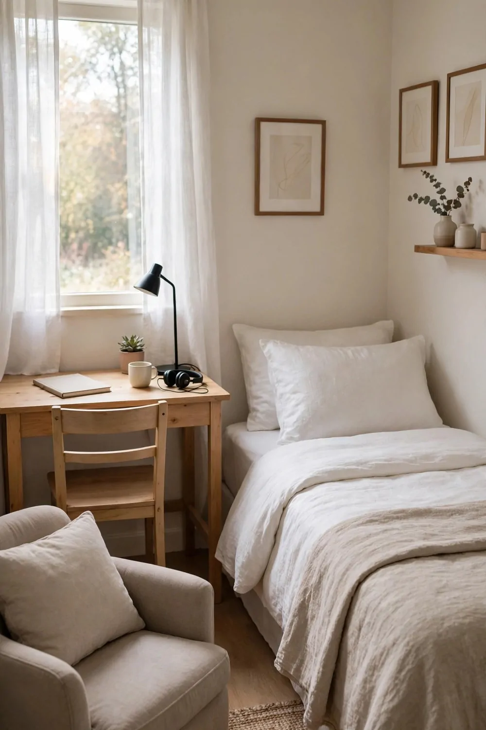 17 Small Home Office Guest Room Layouts That Work for Both 6 A work chair tucked under a small desk and a soft guest chair beside a made bed in one small room