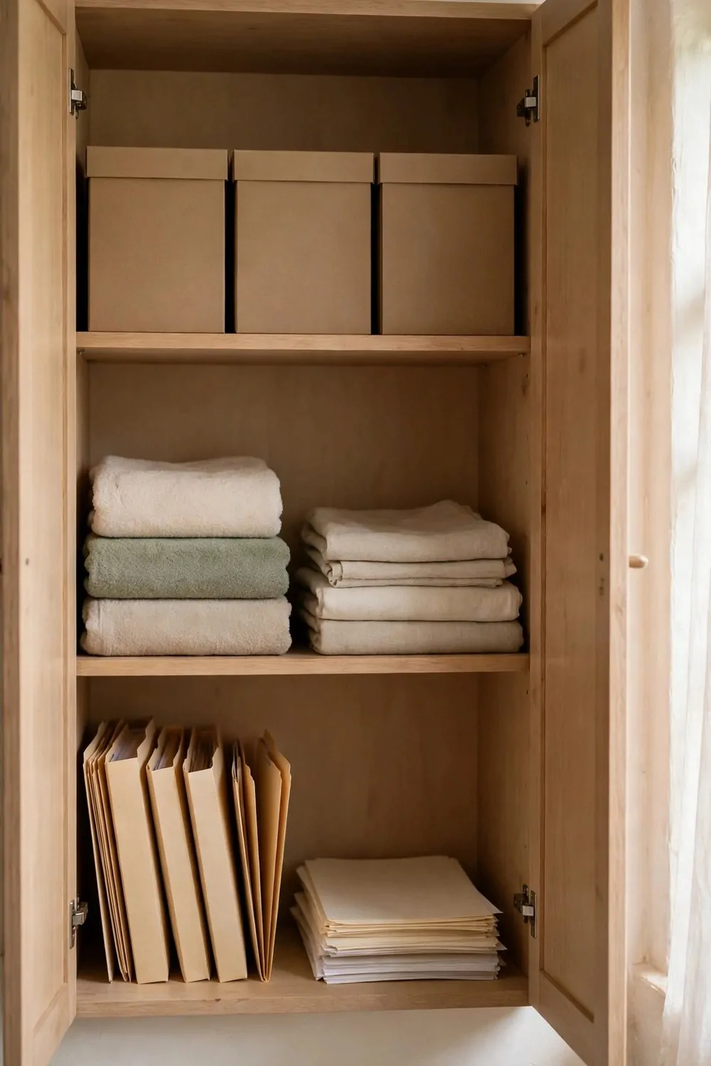 17 Small Home Office Guest Room Layouts That Work for Both 7 A tidy cupboard with plain boxes, folded guest towels on one shelf and work papers on another