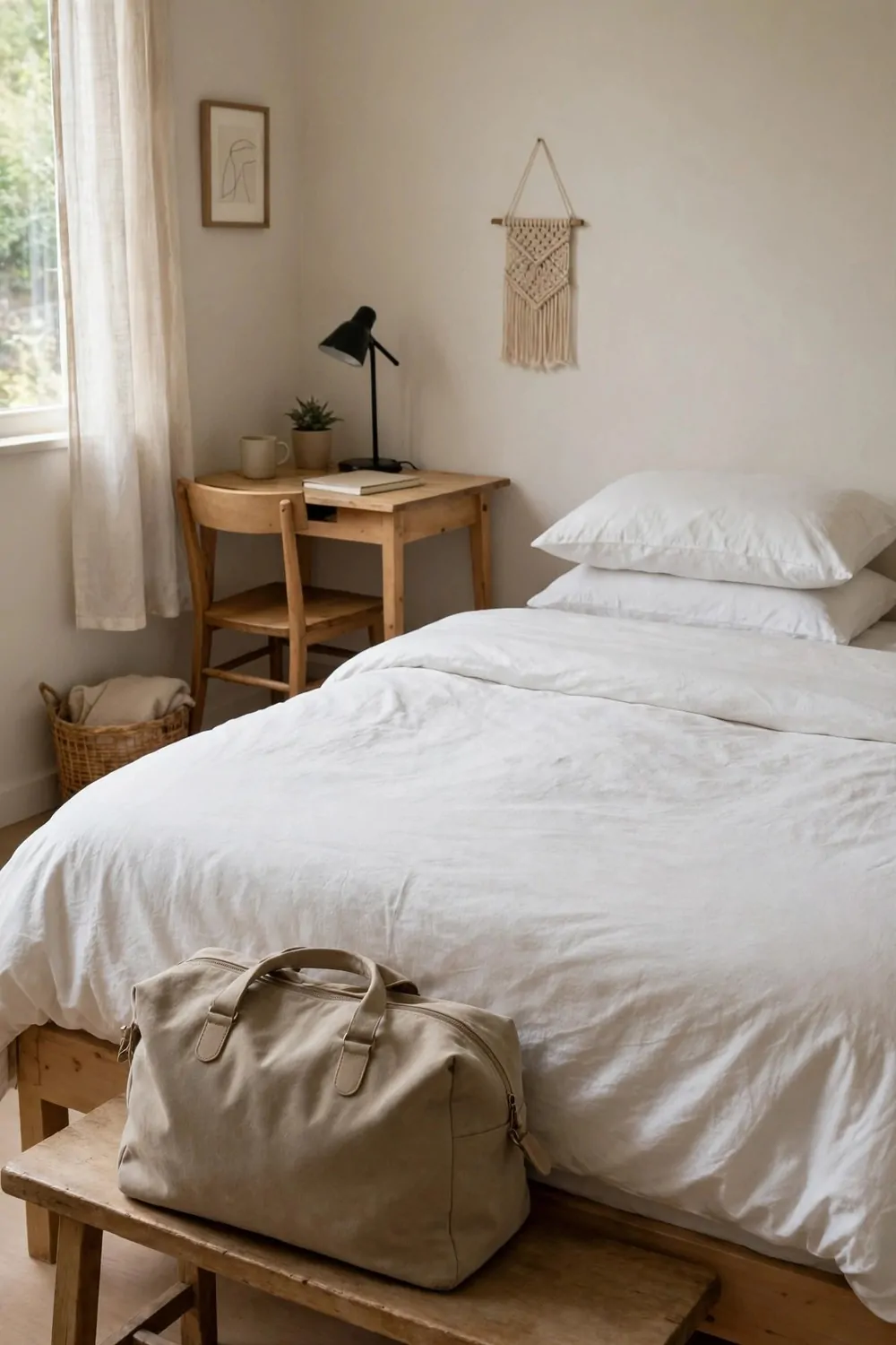 17 Small Home Office Guest Room Layouts That Work for Both 8 A low wooden bench at the foot of a made bed with a plain bag on it