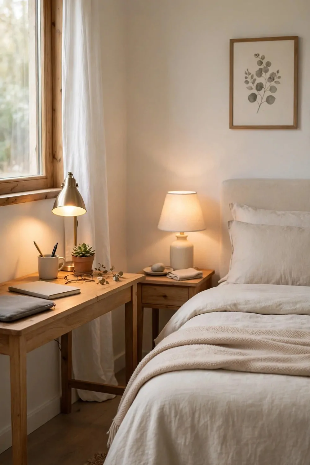 17 Small Home Office Guest Room Layouts That Work for Both 9 A desk lamp glowing on a small desk and a soft bedside lamp beside a made bed