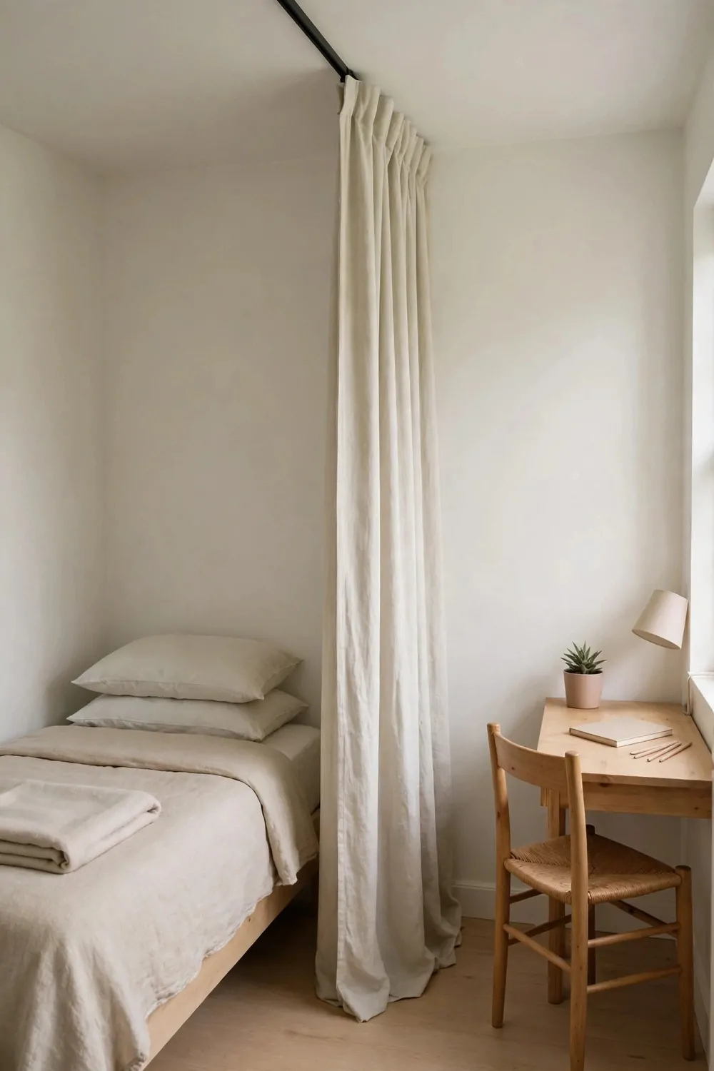 17 Small Home Office Guest Room Layouts That Work for Both 10 A plain pale curtain on a ceiling rail dividing a bed from a desk in a small bedroom