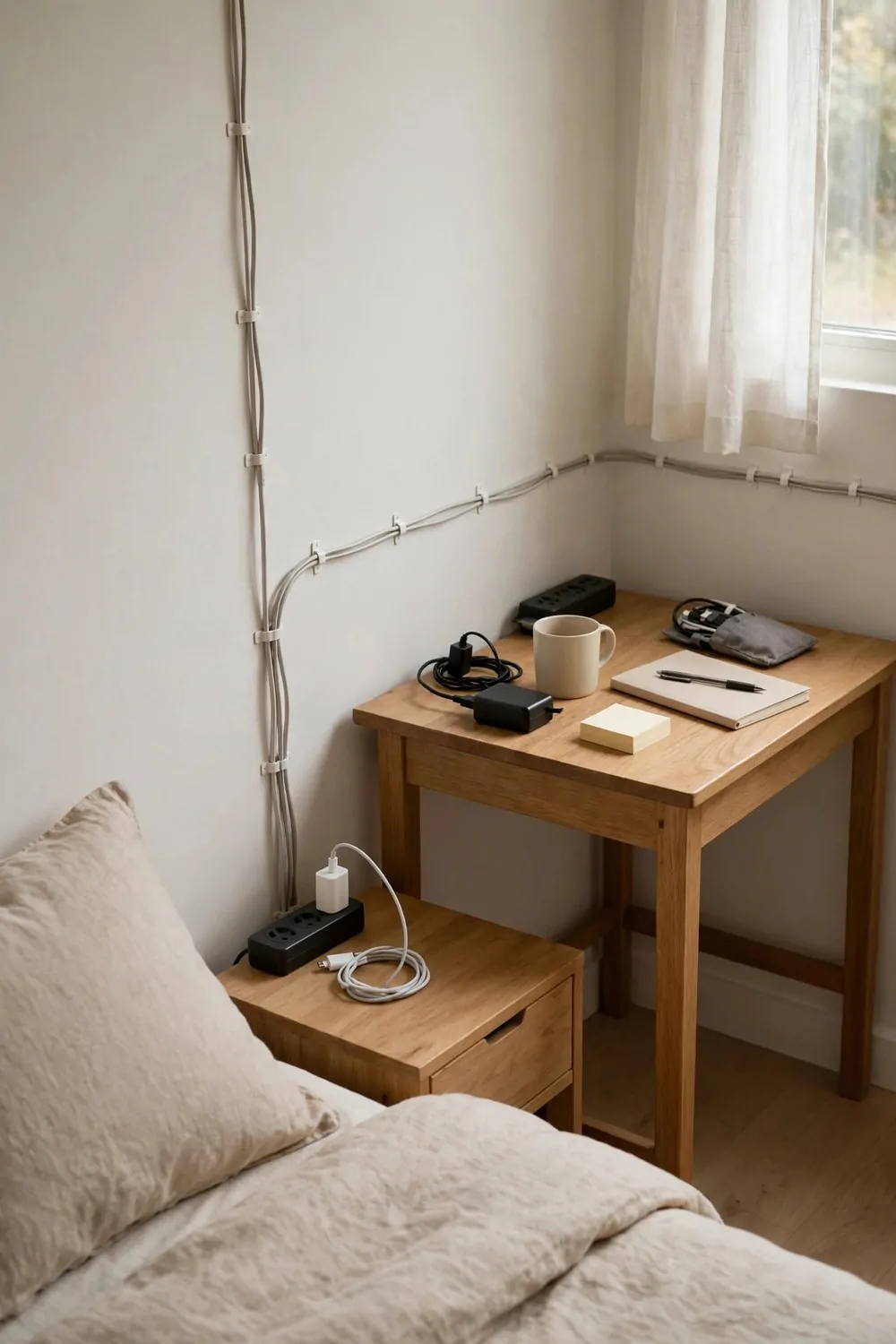 17 Small Home Office Guest Room Layouts That Work for Both 11 A power strip by the bed with a phone charger and a second strip at a desk with a laptop charger