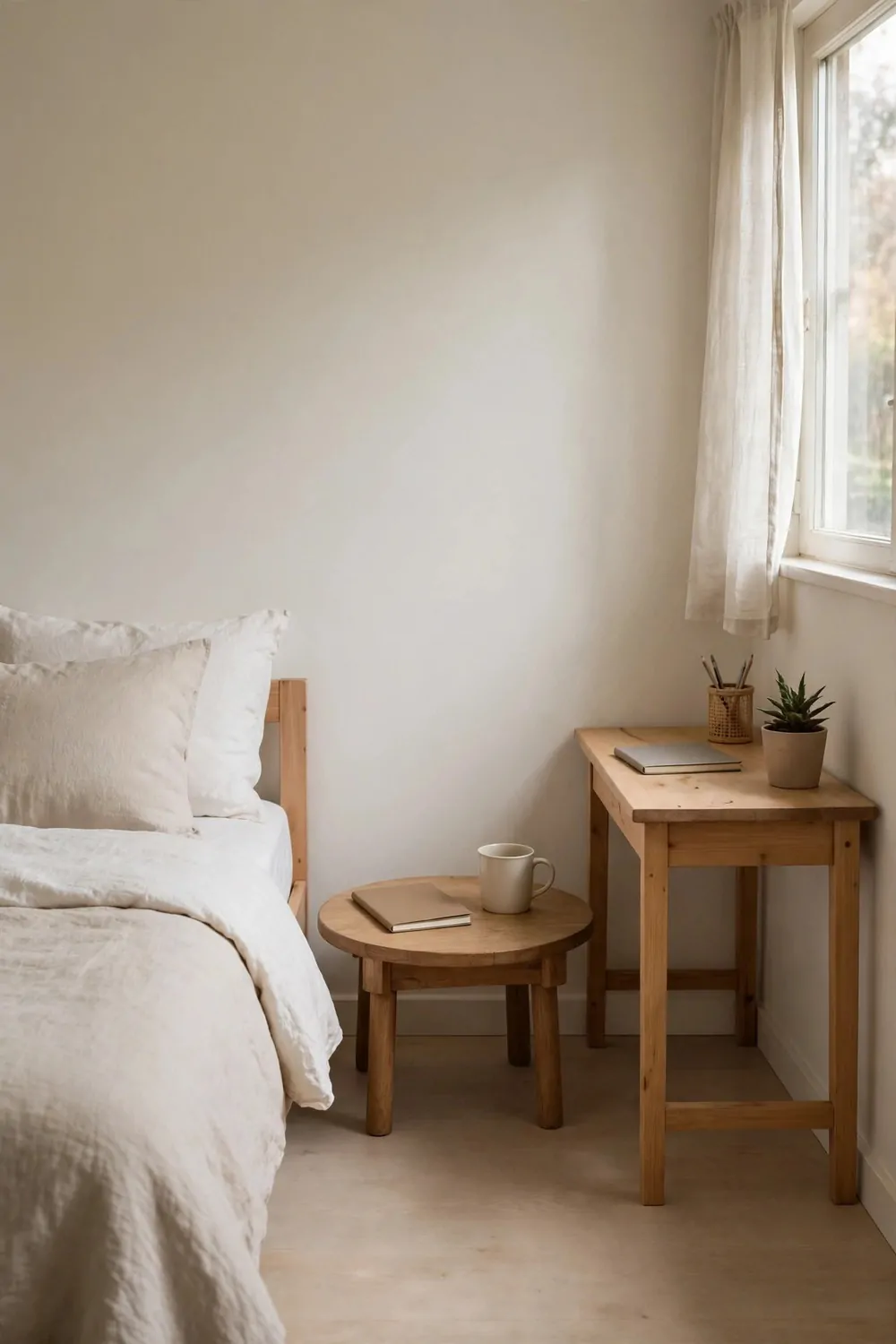 17 Small Home Office Guest Room Layouts That Work for Both 12 A small round wooden table between a made bed and a desk, notebook and mug on top