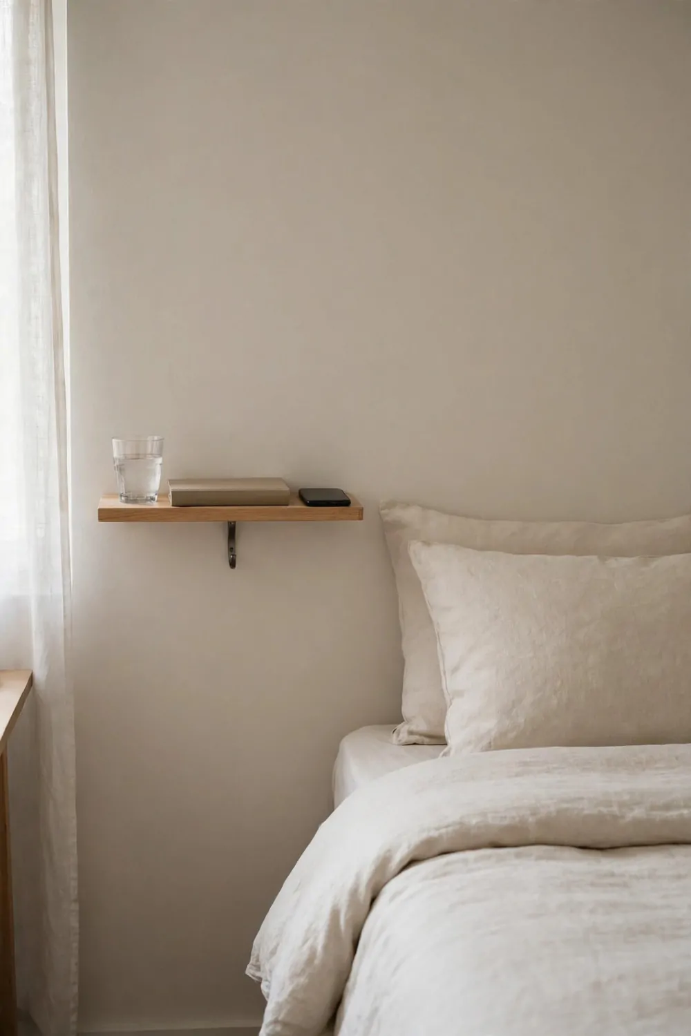 17 Small Home Office Guest Room Layouts That Work for Both 13 A small wall shelf beside a made bed holding a glass of water, a book and a phone