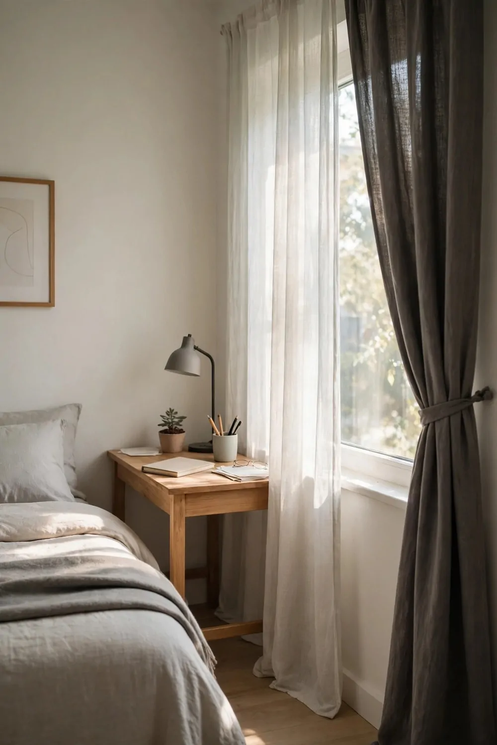 17 Small Home Office Guest Room Layouts That Work for Both 14 A bedroom window with a thin pale curtain and a thicker dark curtain, small desk beside it