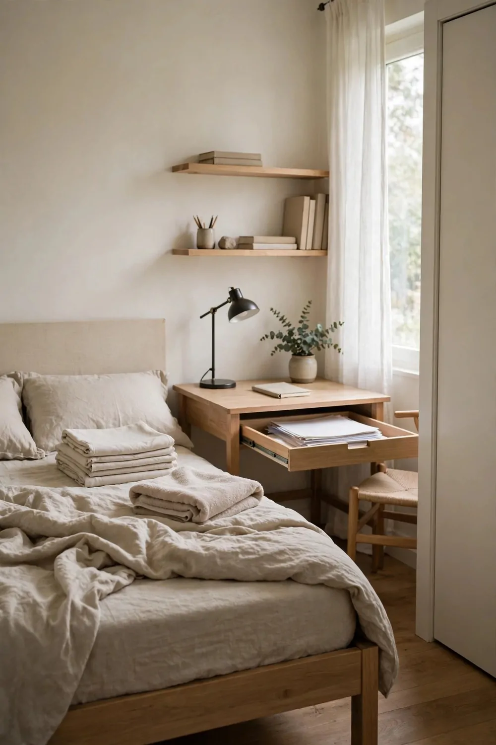 17 Small Home Office Guest Room Layouts That Work for Both 15 A small bedroom with a cleared desk and a bed being made with fresh folded sheets