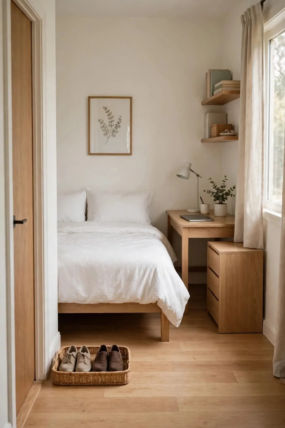 17 Small Home Office Guest Room Layouts That Work for Both 16 A small bedroom with a clear wooden floor, shoes on a tray by the door, tidy desk