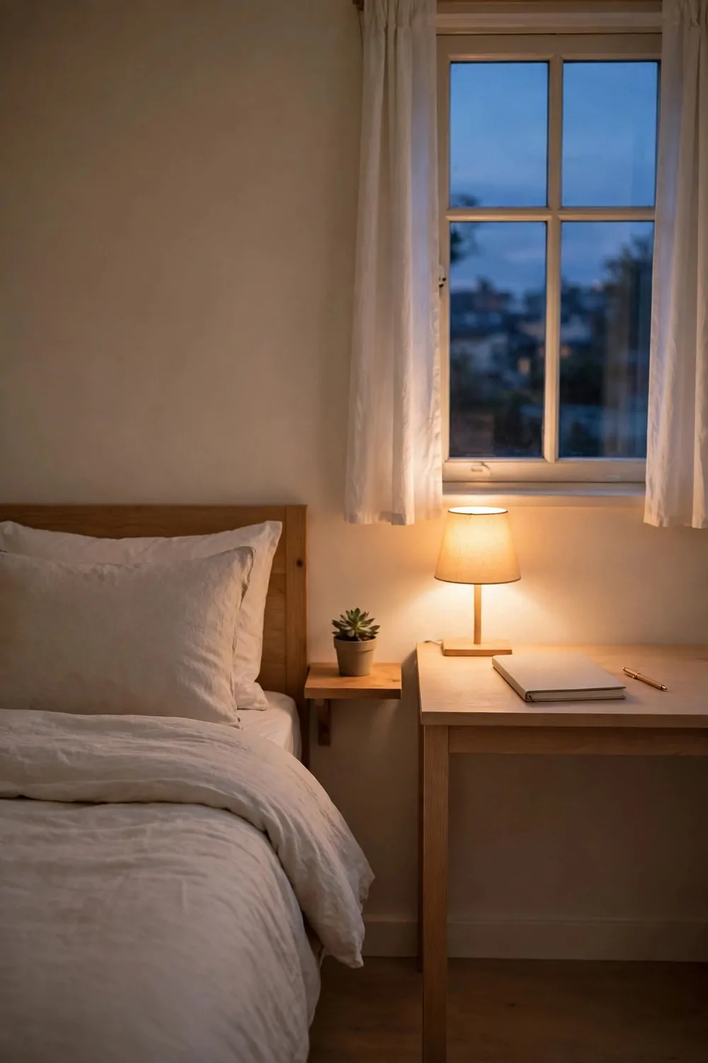 17 Small Home Office Guest Room Layouts That Work for Both 17 A welcoming small guest room office at dusk, made bed, small plant, clear desk with notebook
