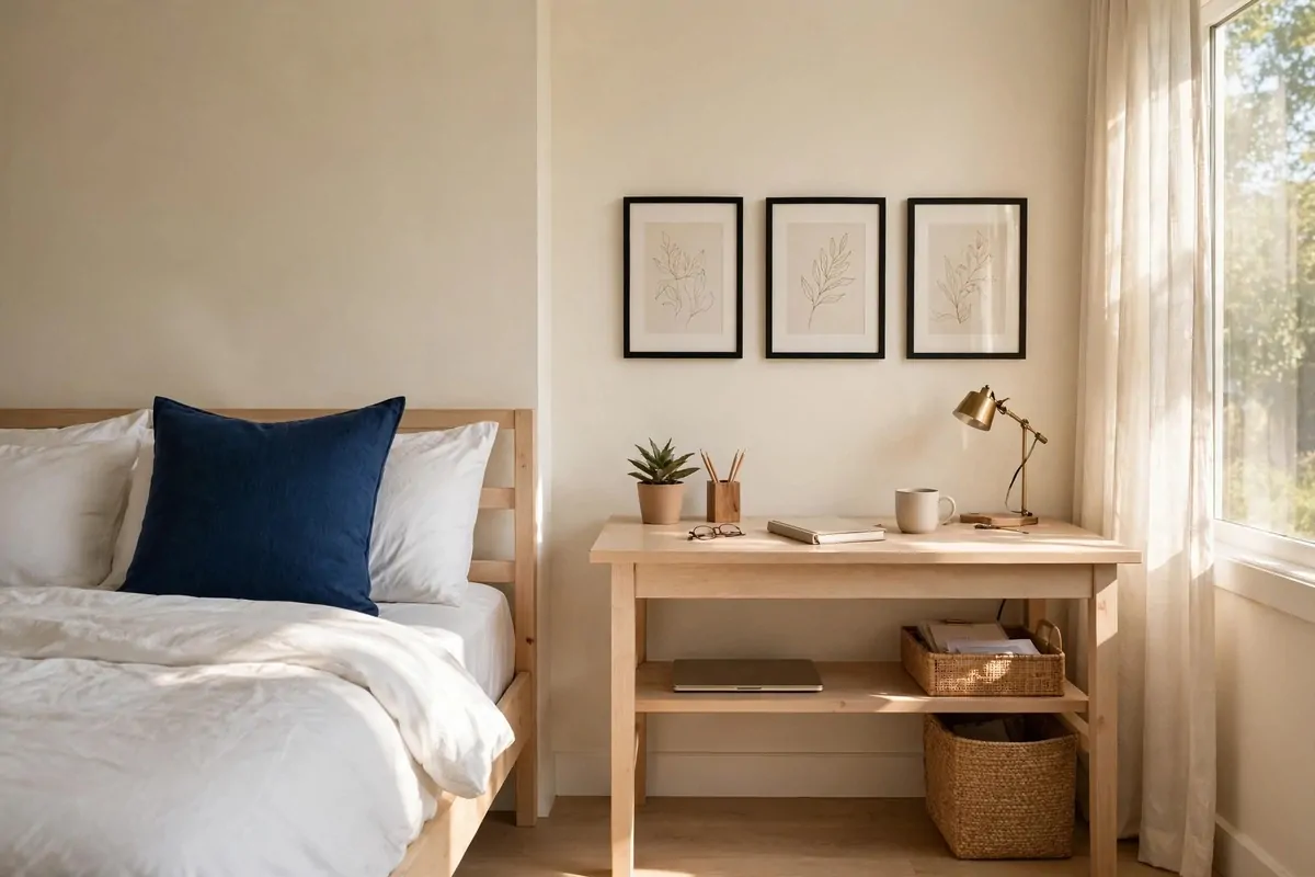 A polished small second bedroom office, matching light wood desk and bed frame, cream walls, one strong navy blue accent cushion, framed prints in a straight row above the desk, morning light