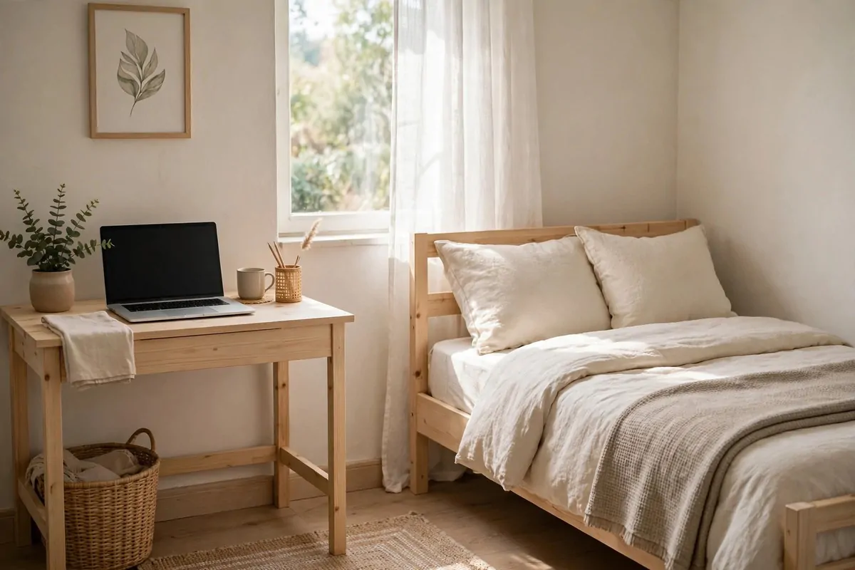 17 Small Second Bedroom Office Ideas That Look Designer-Made 1 A small wood desk matching a light wood bed frame in a small second bedroom, laptop on the desk, tidy, morning light