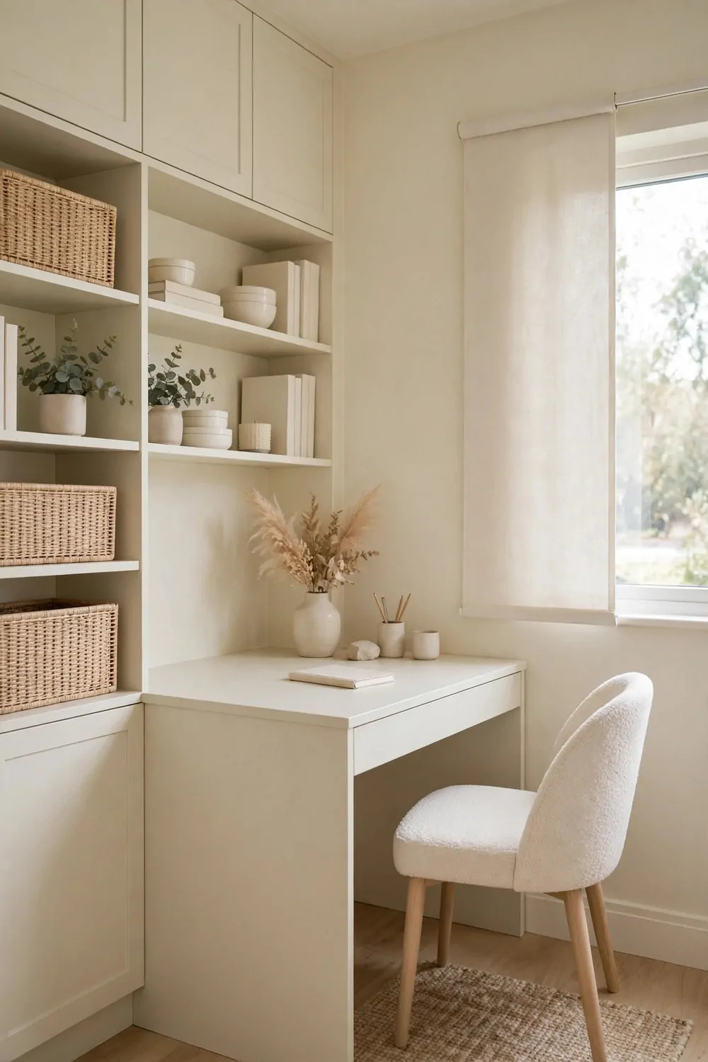 17 Small Second Bedroom Office Ideas That Look Designer-Made 2 Walls and furniture in matching soft cream in a small second bedroom office, desk and shelves the same pale colour, calm tidy room