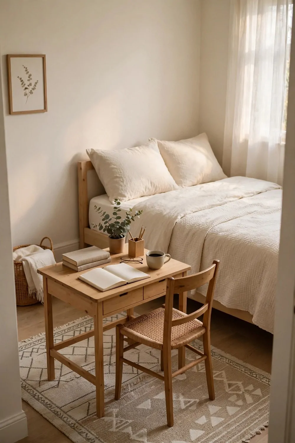 17 Small Second Bedroom Office Ideas That Look Designer-Made 3 A rug with a simple pattern under a small wood desk and chair in a second bedroom office, matching cream bedding, morning light