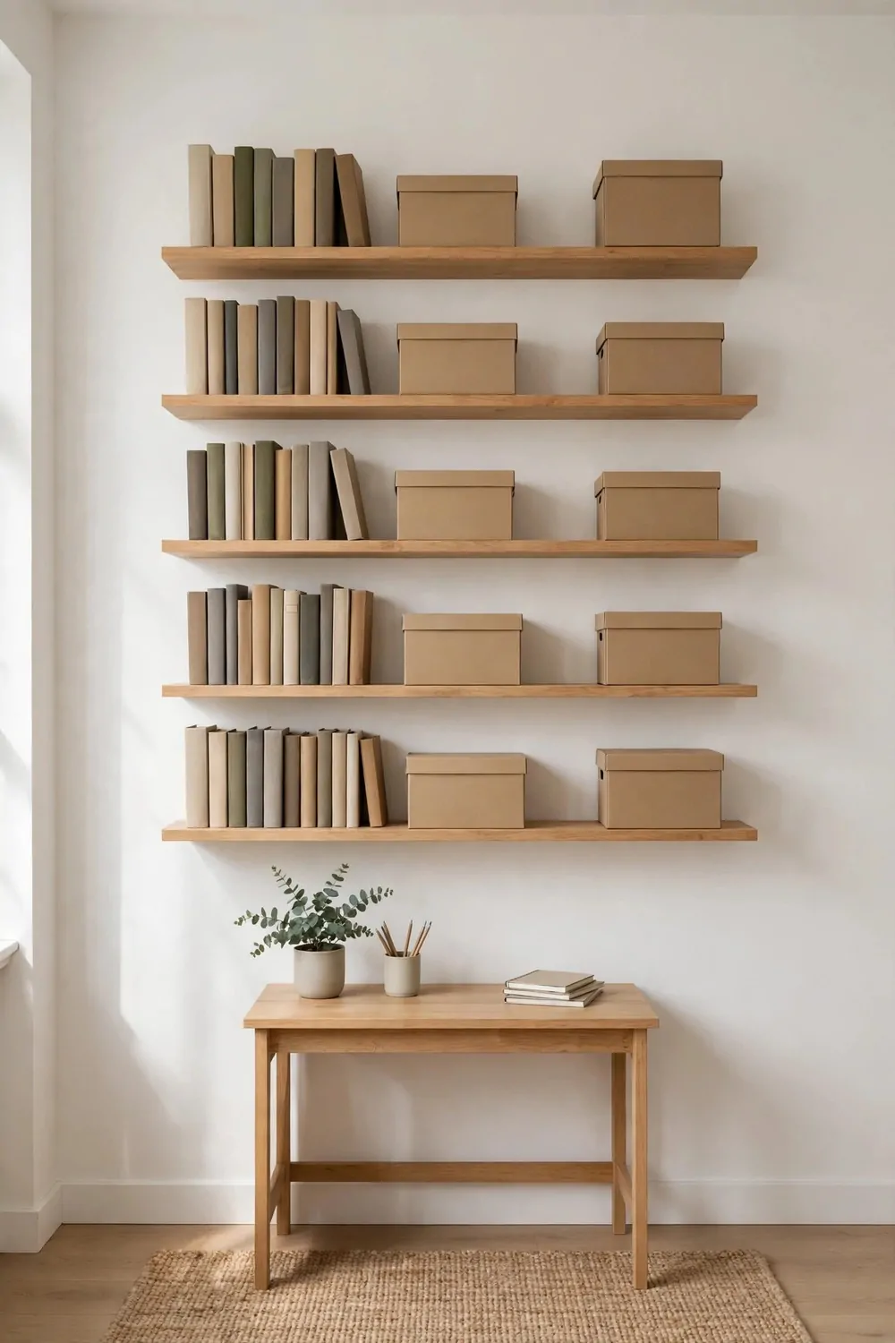 17 Small Second Bedroom Office Ideas That Look Designer-Made 4 Straight shelves lined up evenly on a white wall above a small desk in a second bedroom office, books and plain boxes in a neat row