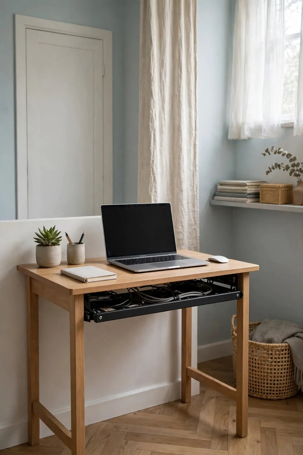 17 Small Second Bedroom Office Ideas That Look Designer-Made 5 A small desk in a second bedroom office with cables hidden in a slim tray under the desk top, clean tidy surface, laptop on the desk