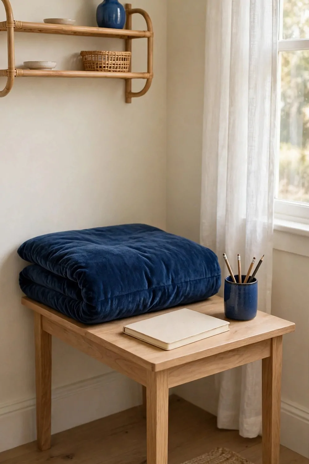 17 Small Second Bedroom Office Ideas That Look Designer-Made 6 One strong navy blue cushion, notebook and pen cup on a small desk in a second bedroom office, cream room, matching blue accent