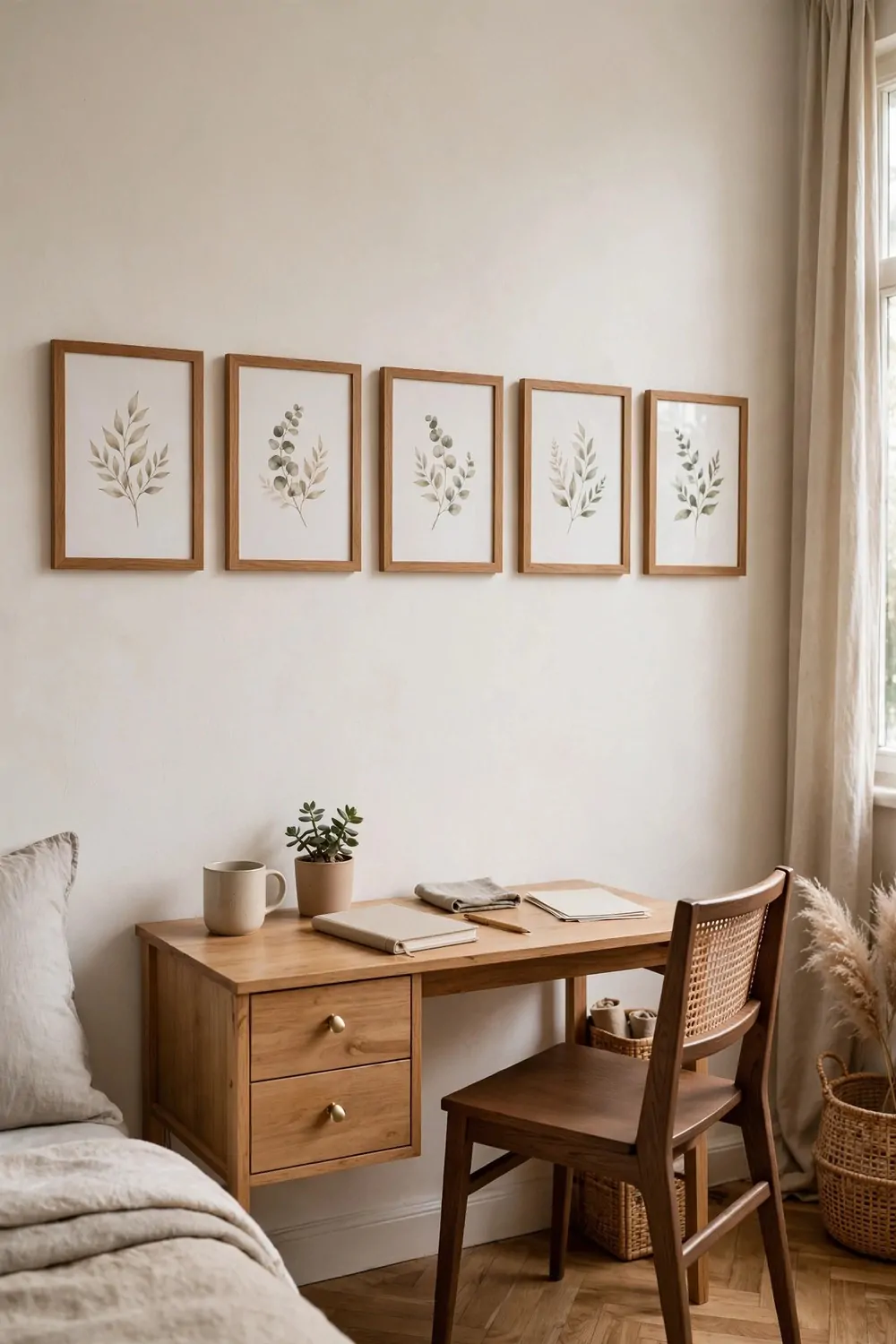 17 Small Second Bedroom Office Ideas That Look Designer-Made 7 Framed prints hanging in a straight even row above a small desk in a second bedroom office, matching wood frames, tidy wall
