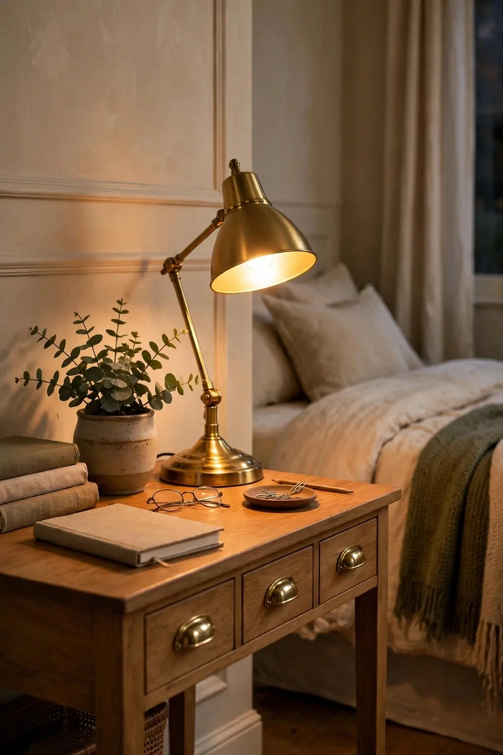 17 Small Second Bedroom Office Ideas That Look Designer-Made 8 A desk lamp with a brass base on a small desk in a second bedroom office, brass drawer handles matching the lamp, warm light