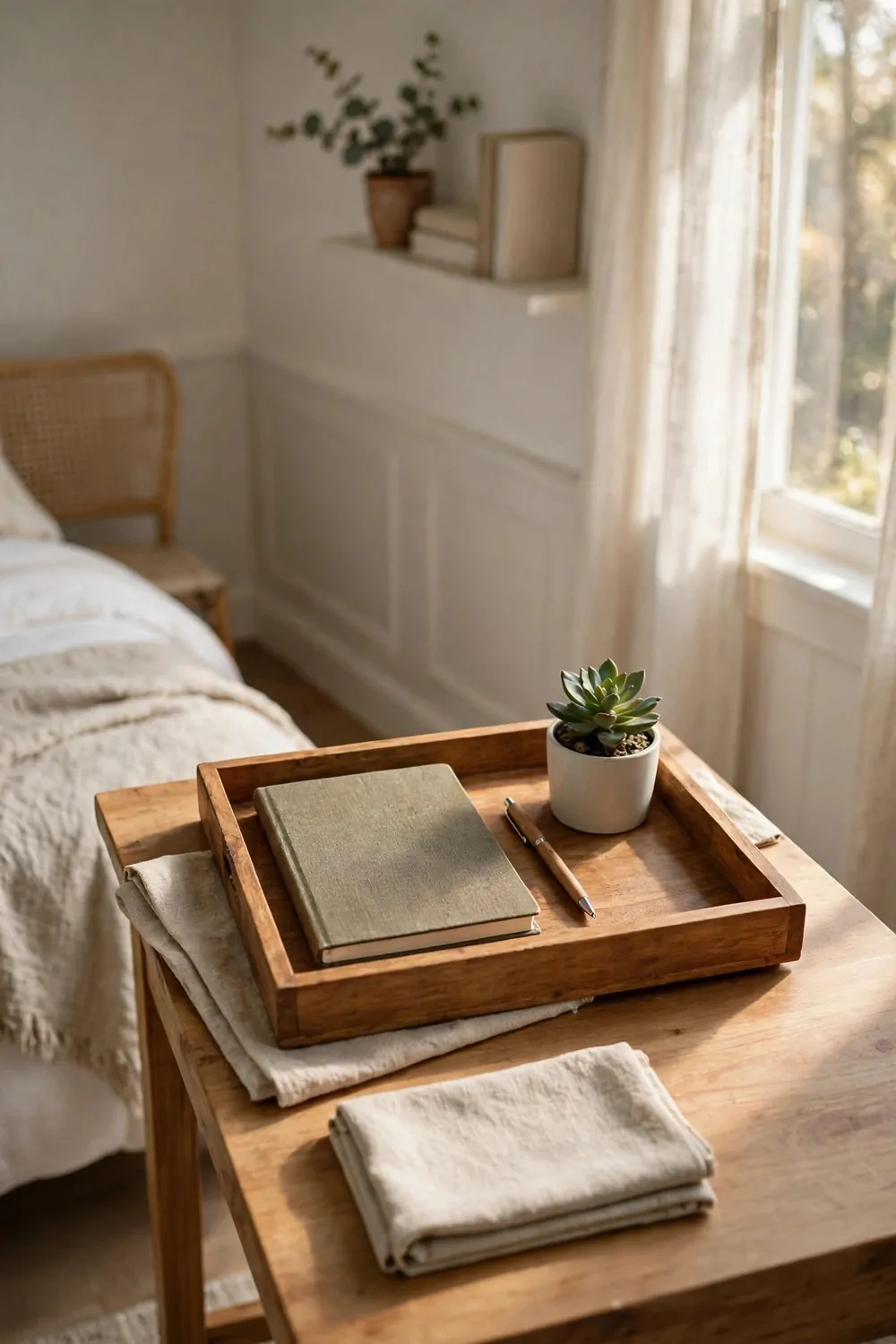 17 Small Second Bedroom Office Ideas That Look Designer-Made 9 A wood tray with a notebook, pen and small plant on a small desk in a second bedroom office, tidy finished look, morning light