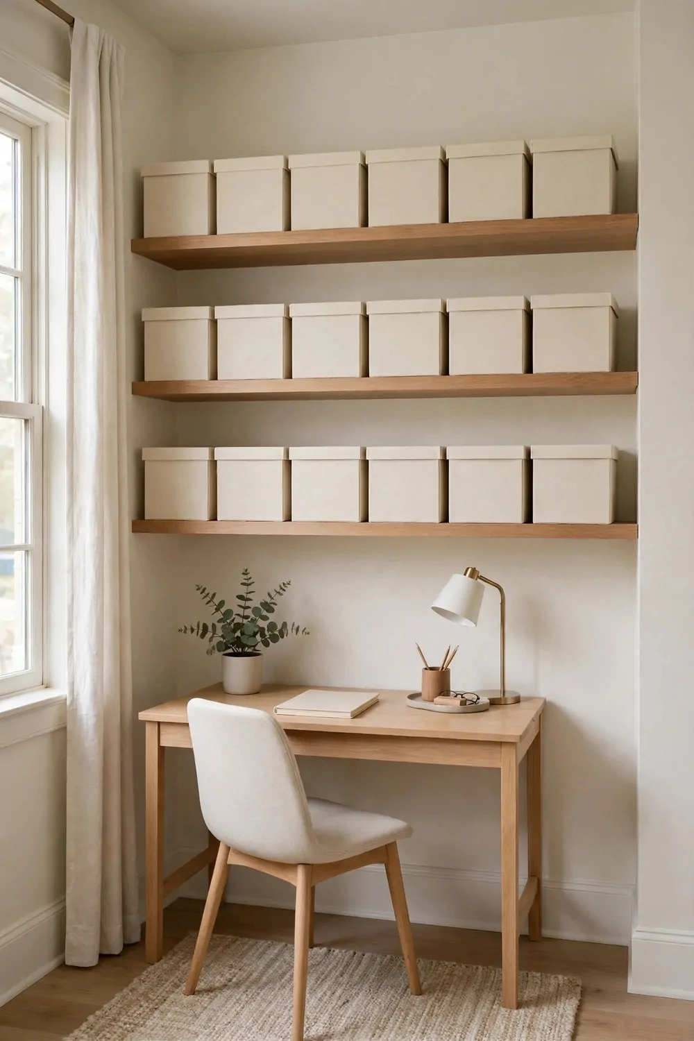 17 Small Second Bedroom Office Ideas That Look Designer-Made 10 Matching plain cream storage boxes lined up on shelves in a second bedroom office, small desk below, tidy