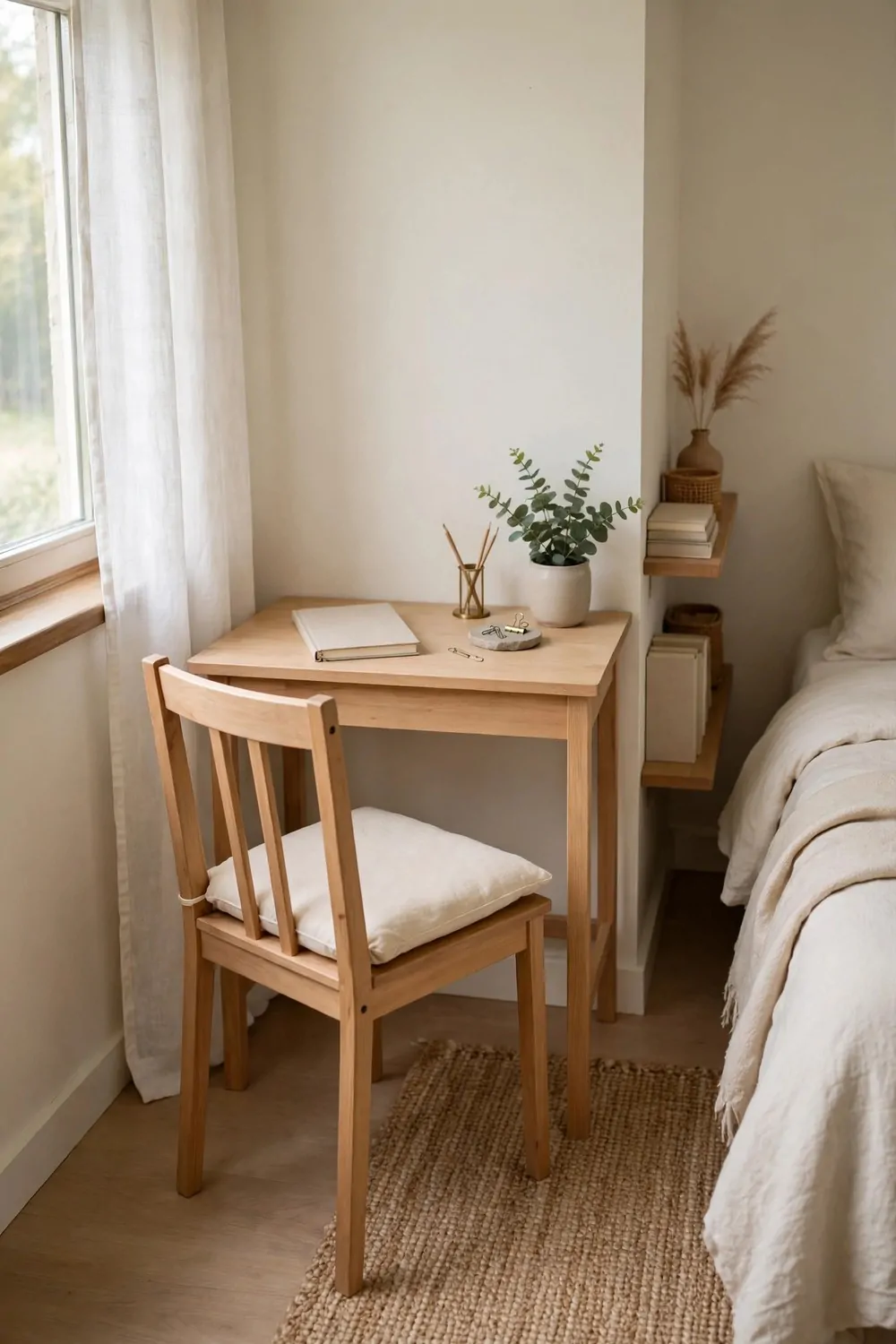17 Small Second Bedroom Office Ideas That Look Designer-Made 11 A simple wood chair with a cream cushion at a small desk in a second bedroom office, chair matching the desk wood, tidy room