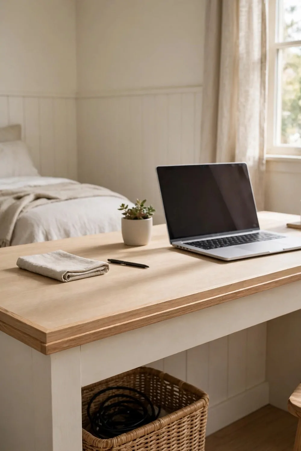 17 Small Second Bedroom Office Ideas That Look Designer-Made 12 A desk edge with a thin wood trim strip along the front in a second bedroom office, clean straight lines, laptop on the desk