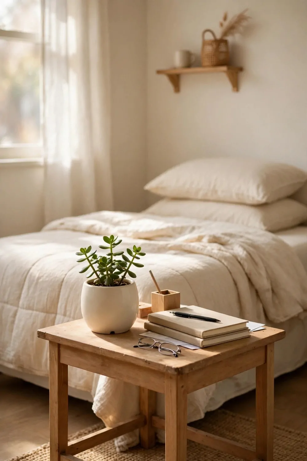 17 Small Second Bedroom Office Ideas That Look Designer-Made 13 A small green plant in a cream ceramic pot on a small desk in a second bedroom office, pot matching the bedding, morning light
