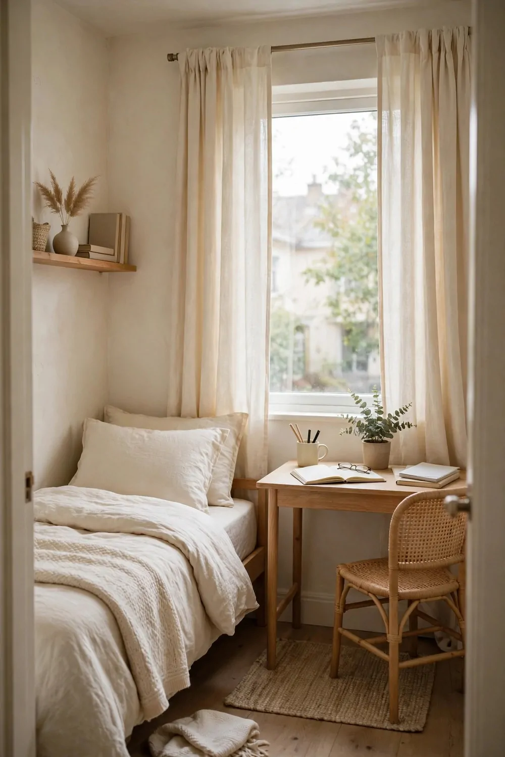 17 Small Second Bedroom Office Ideas That Look Designer-Made 14 Cream curtains matching cream bedding in a small second bedroom office, small desk by the window, soft light